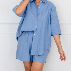 Styling You The Label Emily cotton linen shorts - blue, made in Australia