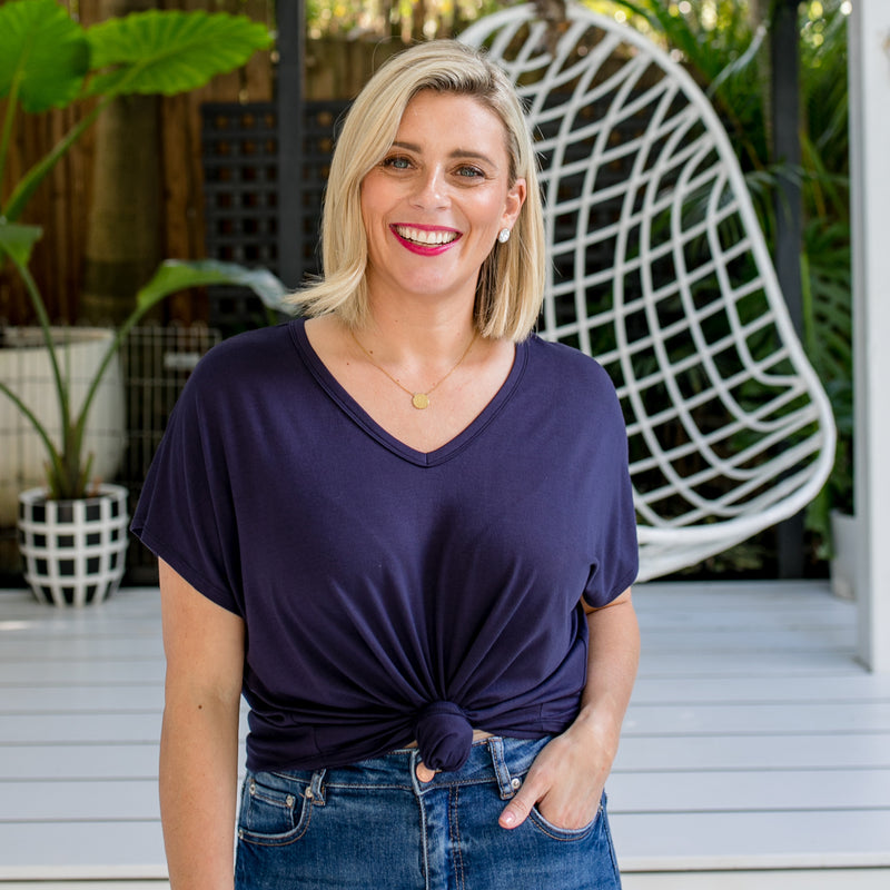 Styling You the Label Alexa jersey relaxed V-neck tee in navy. Made in Australia.