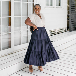 Styling You The Label Sophie technical tiered maxi skirt in navy. Made in Australia