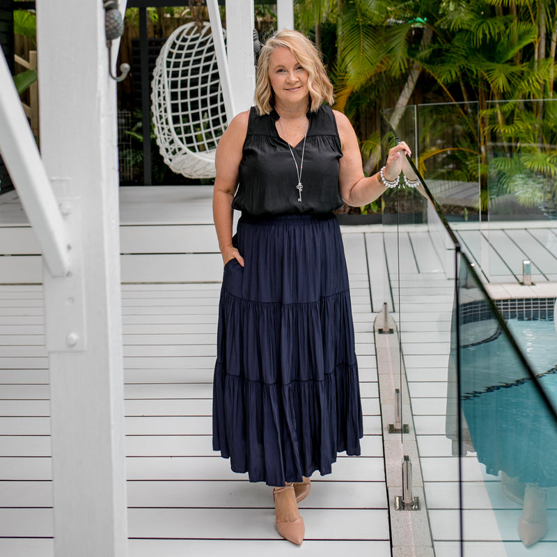 Styling You The Label Sophie technical tiered maxi skirt in navy. Made in Australia