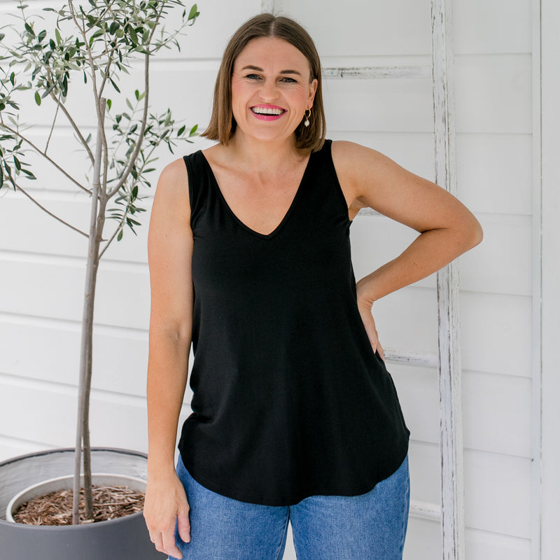 Styling You the Label Taisa jersey relaxed V-neck tank in black. Made in Australia.