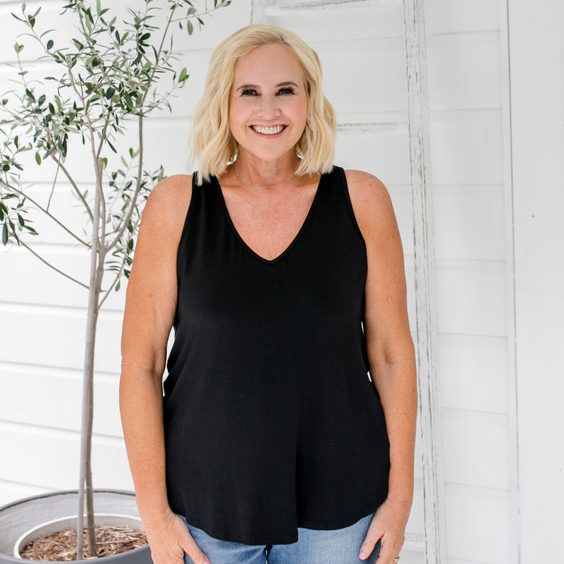 Styling You the Label Taisa jersey relaxed V-neck tank in black. Made in Australia.