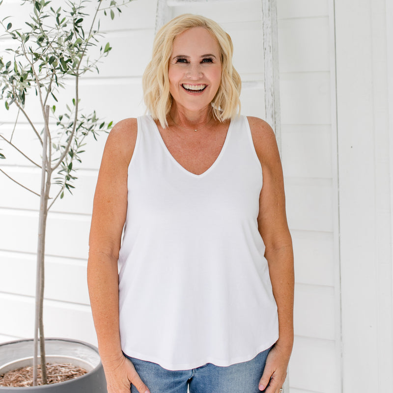 Styling You the Label Taisa jersey relaxed V-neck tank in white. Made in Australia.