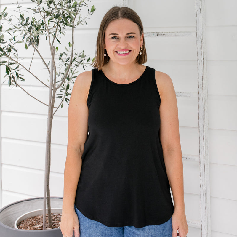 Styling You the Label Tara jersey relaxed crew-neck tank in black. Made in Australia.