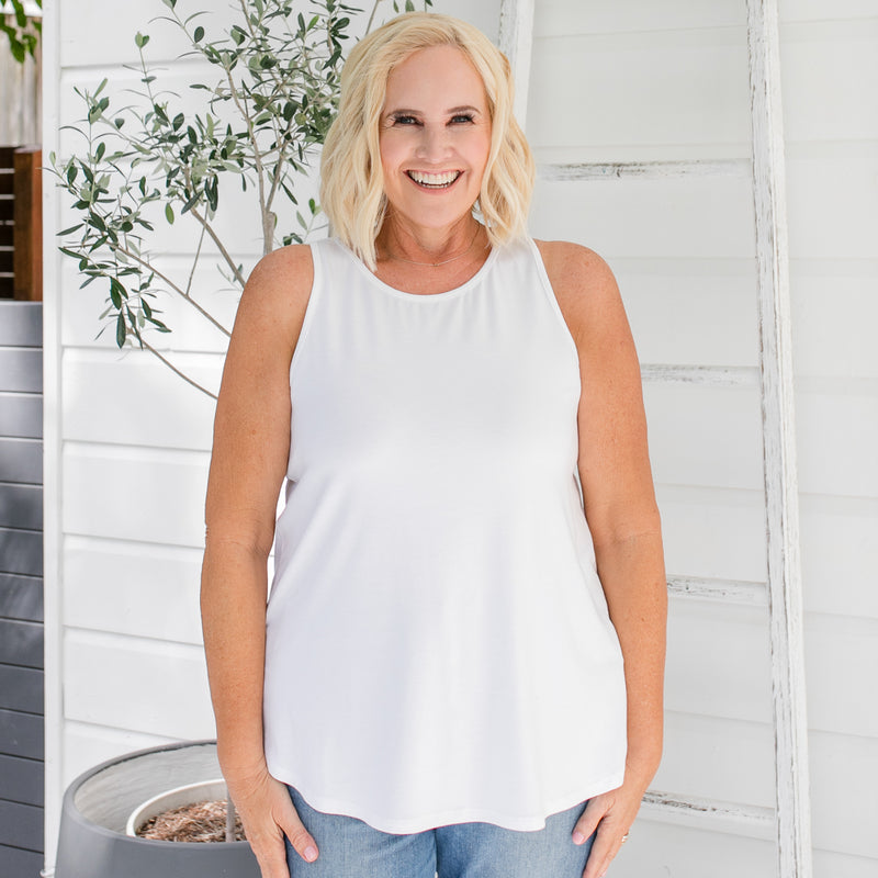 Styling You the Label Tara jersey relaxed crew-neck tank in white. Made in Australia.